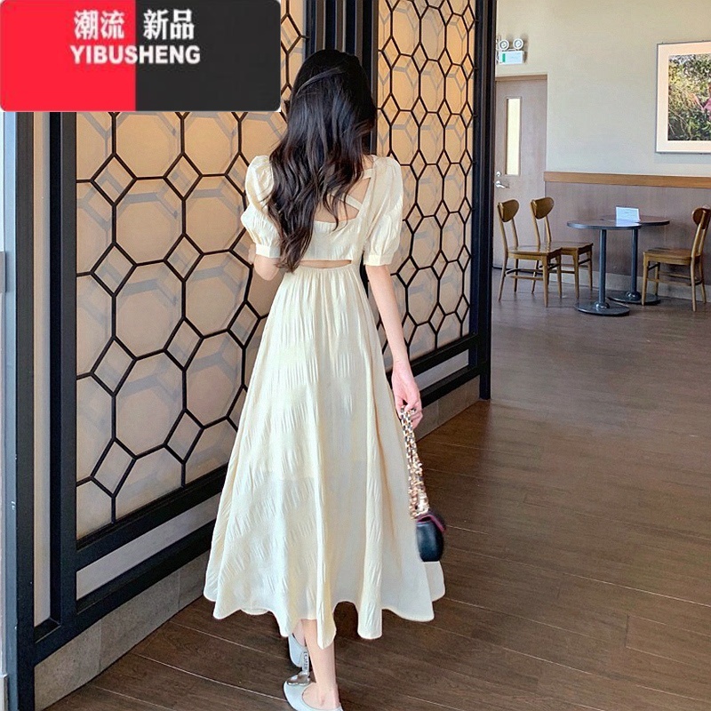 YIBUSHENG连衣裙女法式气质仙泡泡袖露背短裙森系复古显瘦设计感小众裙子高清大图