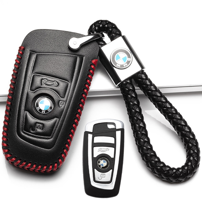 【补贴10%】宝马钥匙套5系2020款525li专用真皮530LE 535 528GT钥匙包扣19款汽车钥匙包 A款黑红色方形一键启动三个按键+绳