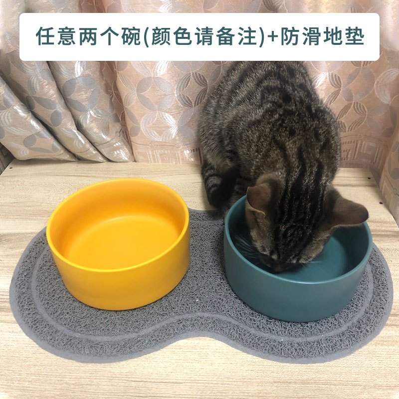 猫碗双碗陶瓷狗碗猫咪食盆饭盆狗狗喝水猫粮碗宠物用品实木防打翻