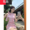 YIBUSHENG甜辣妹粉色格纹连衣裙女装季小众蝴蝶结系带挂脖包臀裙