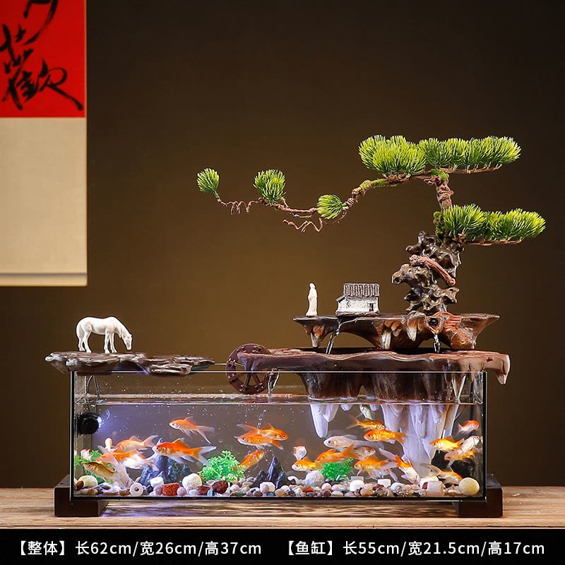 创意免换水生态玻璃鱼缸造景假山流水摆件循环水客厅办公室装饰品图片