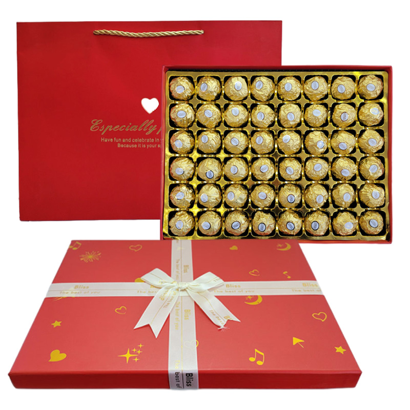 费列罗FerreroRocher榛果威化巧克力48粒纸盒圣诞送礼盒装(配礼袋-可代写贺卡) 红色蝴蝶结48颗（金色装好发）