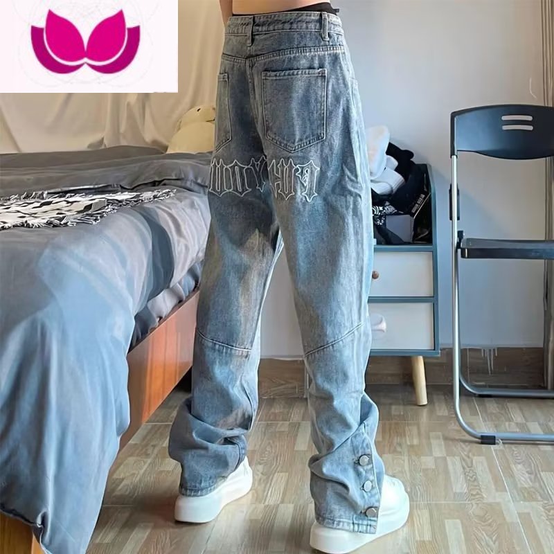 七斓欧美vibe风高街刺绣排扣开叉牛仔裤男女宽松ins潮牌嘻哈炸街长裤 图色 M