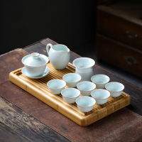 苏氏陶瓷 (SUSHI CERAMICS) 茶具茶盘套组 青白瓷简约8杯茶具配细水长流竹木茶盘