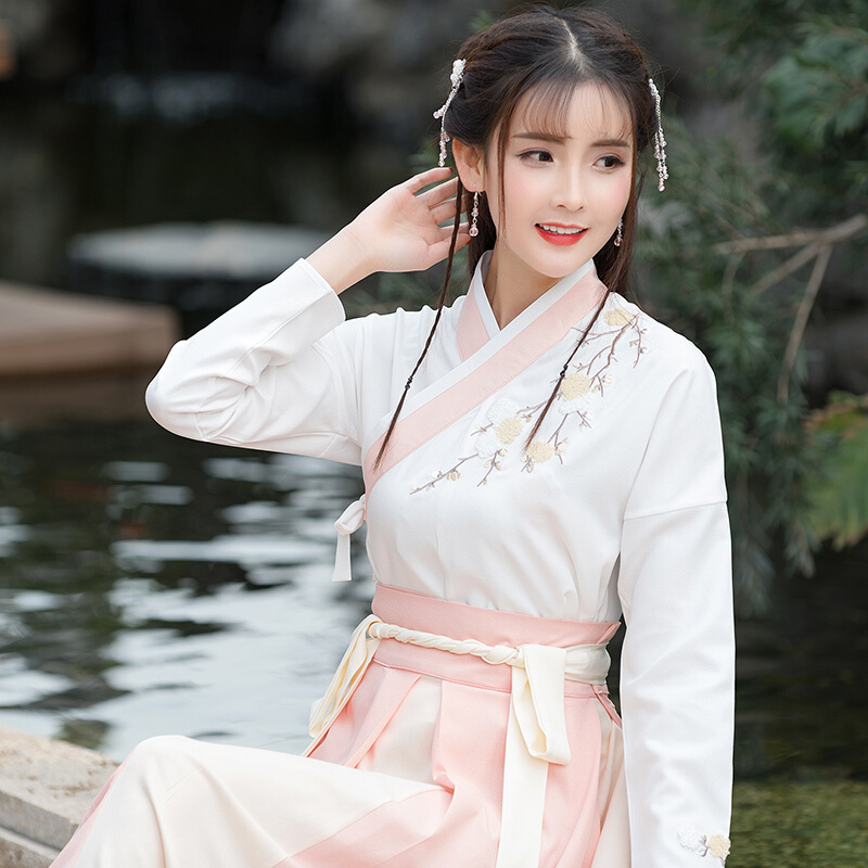 改良日常学生汉服夏装女古装服装仙女清新淡雅交领刺绣襦裙中国风lm上衣+襦裙