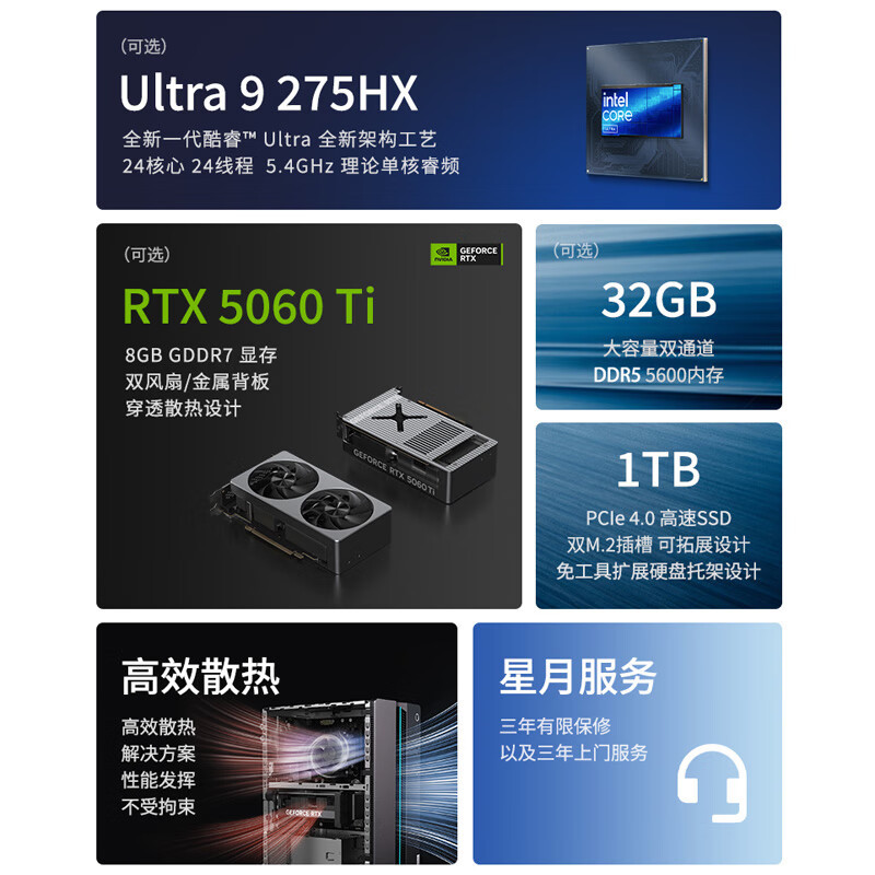 联想(Lenovo)GeekPro设计师游戏台式电脑整机(酷睿U9-275HX RTX5060Ti 8GB显卡 32G DDR5 1TB SSD)配27英寸2K显示器高清大图