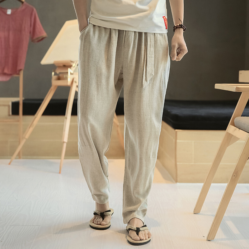 春夏中国风亚麻裤男薄款宽松休闲裤哈伦裤九分裤棉麻灯笼裤子男士