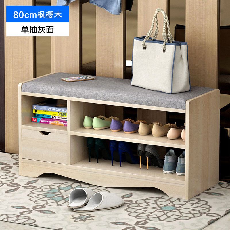 超级新品 简约现代客厅家具人造板厅玄关白色简易鞋架鞋进穿鞋凳沙发凳矮凳带抽屉防尘储物盒翻斗翻盖换鞋凳_636_473 80cm枫樱木单抽灰面