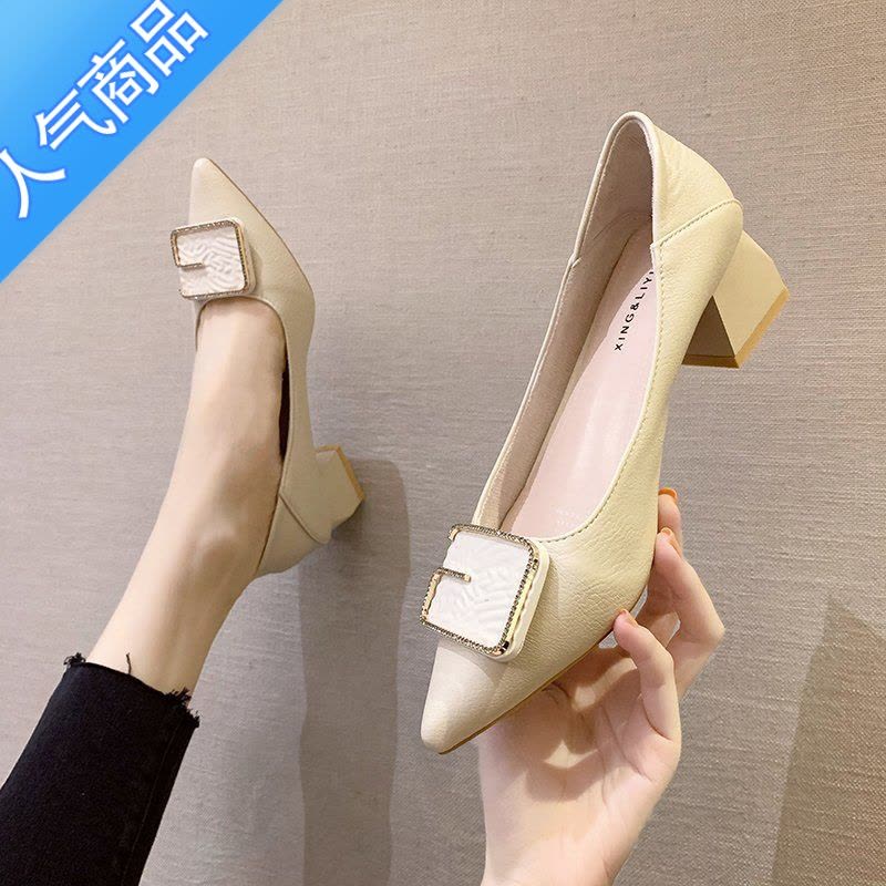 SUNTEK高跟鞋女春2023新款浅口女鞋子尖头粗跟中跟职业法式少女百搭单鞋图片