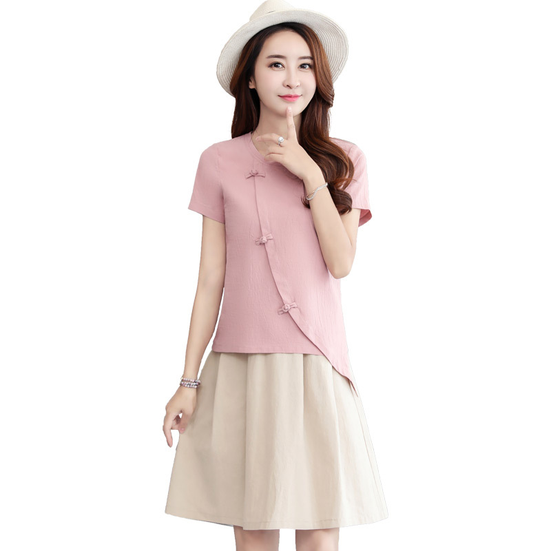 民族风棉麻连衣裙女夏装新款时尚短裙套装大码显瘦亚麻裙子两件套