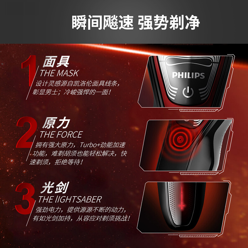 飞利浦(Philips)电动剃须刀XZ5810/70HBP 星战系列礼品套装 旋转式三刀头充电刮胡刀 全身水洗 多效理容高清大图