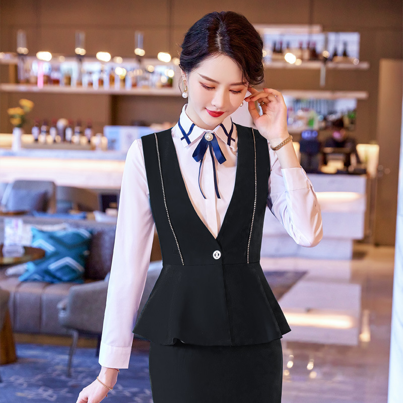 时尚酒店前台院工作服女v领荷叶边马甲物业装教室服务员正装销售工装