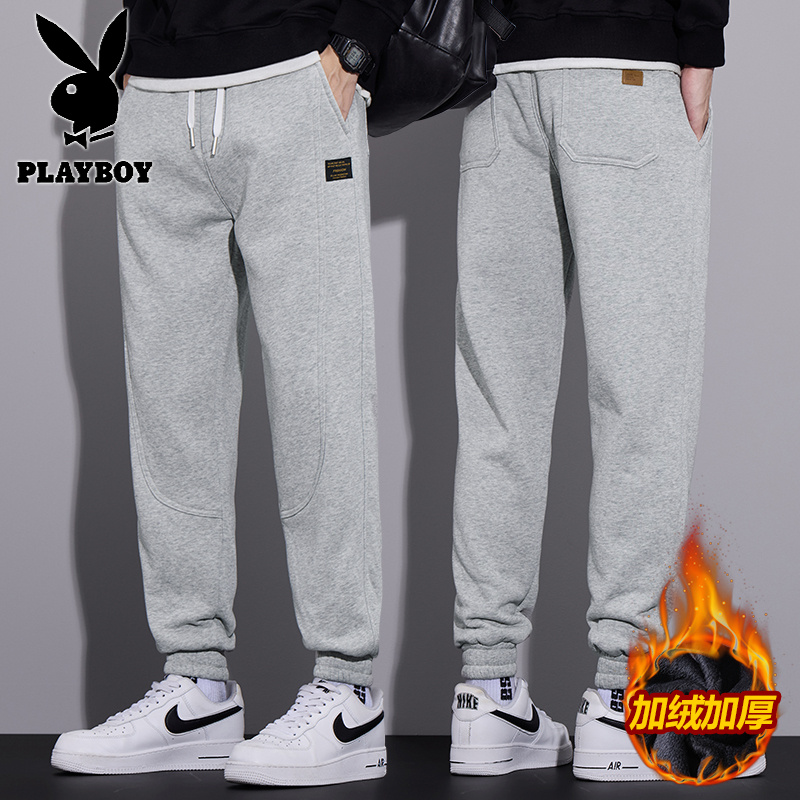 花花公子新款高品质秋冬休闲加绒卫裤男潮牌宽松运动哈伦工装裤子_487高清大图
