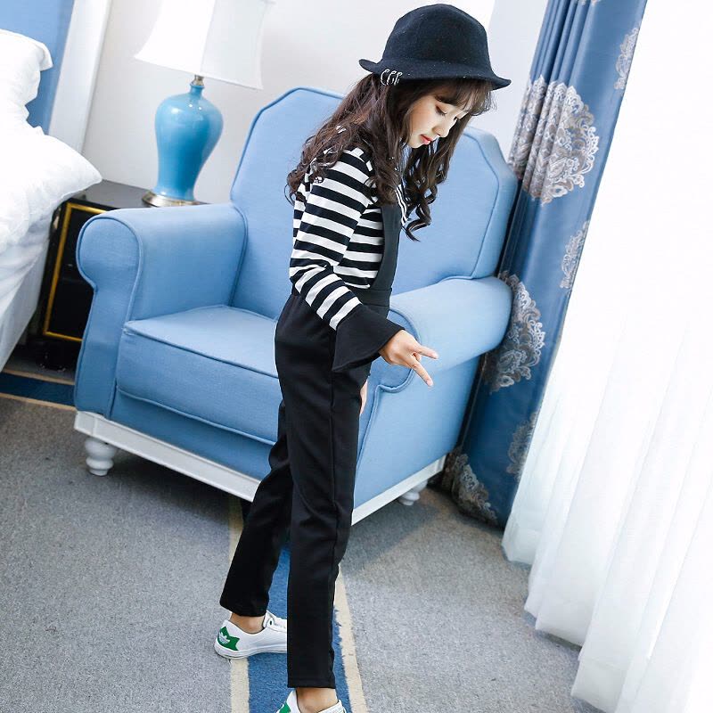 迪鲁奥（DILUAO)女童秋装套装女童秋装新款韩版中大童休闲条纹T恤背带裤两件套8岁B731-26 黑色图片