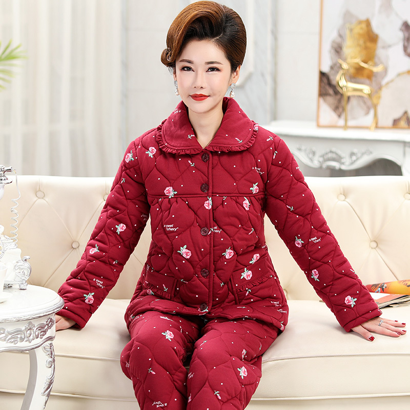 南极人冬季中老年人妈妈睡衣女纯棉加厚三层夹棉袄秋冬加棉保暖全棉
