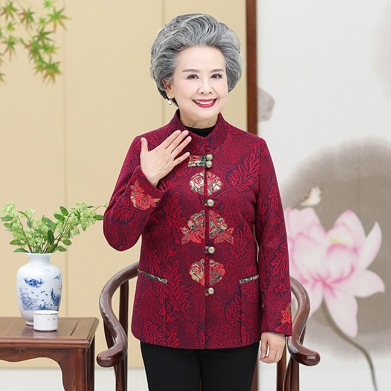 迪鲁奥（DILUAO)中老年女装春装外套奶奶装春秋款上衣60-7080岁老年人衣服妈妈装宽 5XL建议145-160斤 暗红色(上衣)