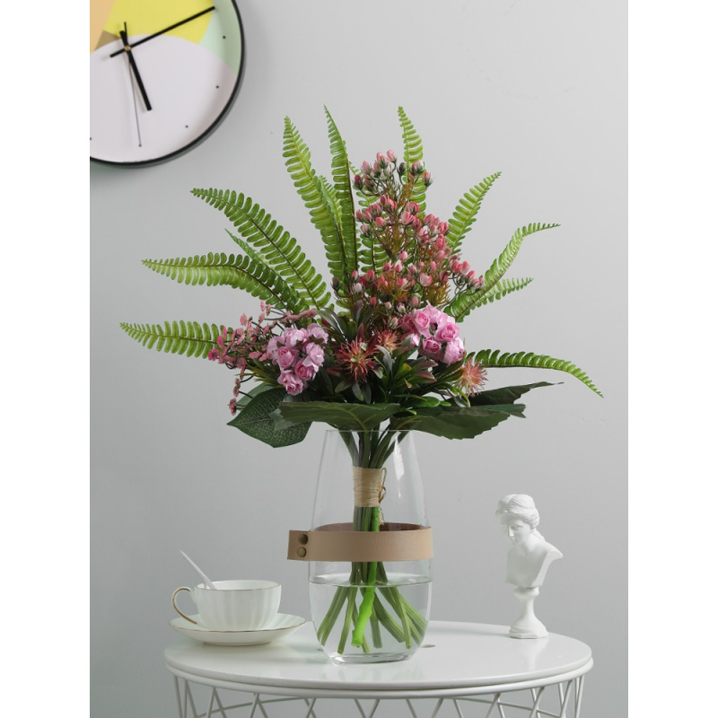 北欧现代简约玻璃花瓶家居透明插花干花创意皮革小清新水培花器 1束博