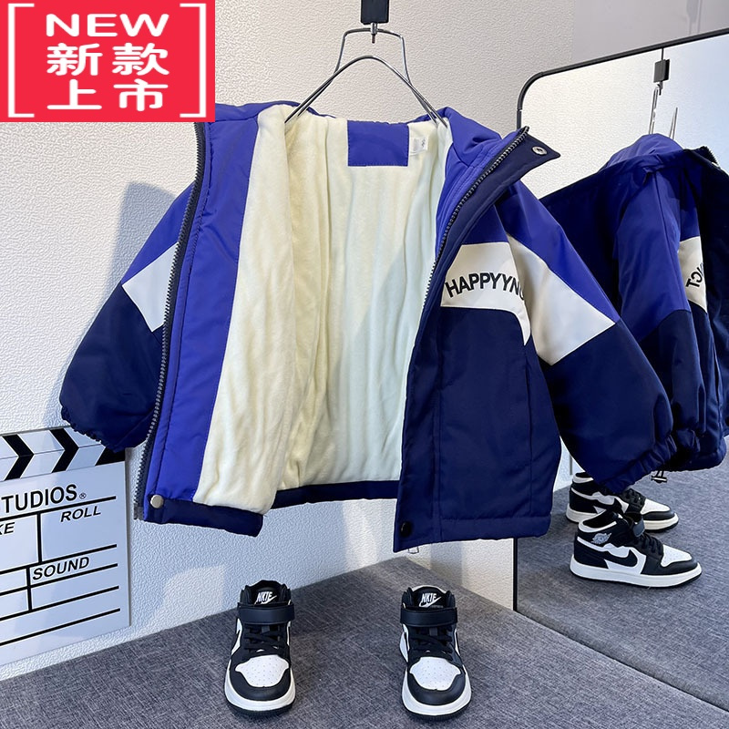 可莉允男童加绒外套2022新款潮儿童秋冬装冲锋衣服宝宝洋气风衣加厚棉服