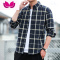 七斓长袖衬衫男韩版宽松2023秋装新款大码薄款格子男士衬衣青年潮男装