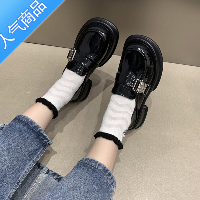 SUNTEK[moca茉卡]厚底乐福鞋女复古圆头增高小皮鞋金属扣英伦风单鞋高清大图