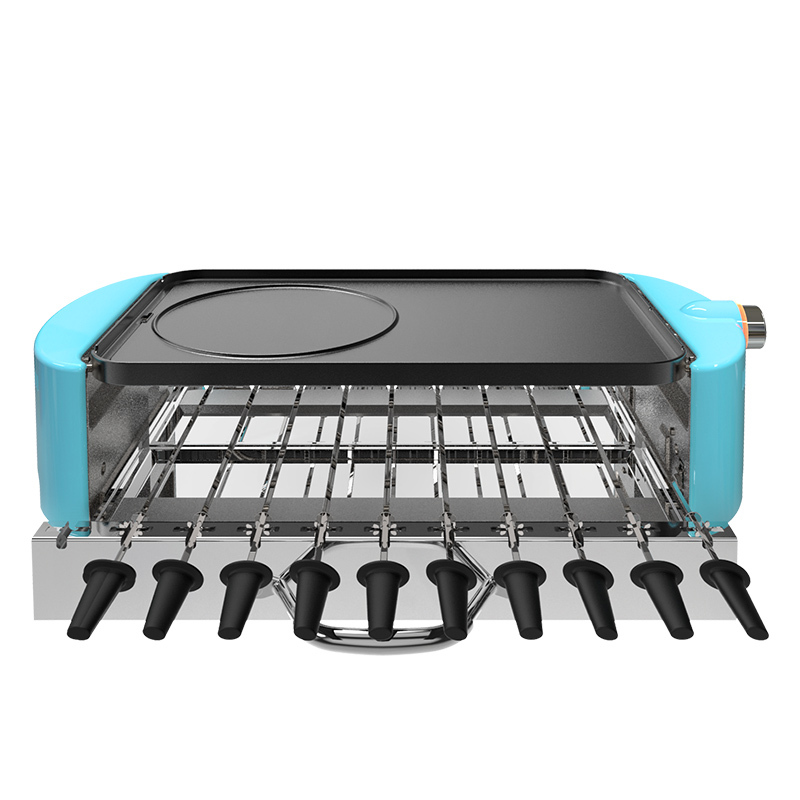 电烧烤炉烤串机时光旧巷家用自动旋转室内无烟电烤盘烤羊肉串机清新蓝