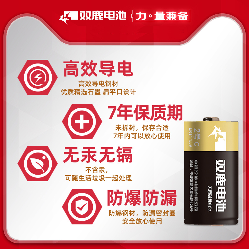 双鹿电池2号电池LR14碱性中号C型二号干电池1.5v面包超人花洒扫地机器人摇椅费雪早教玩具酒店洗手机4粒高清大图