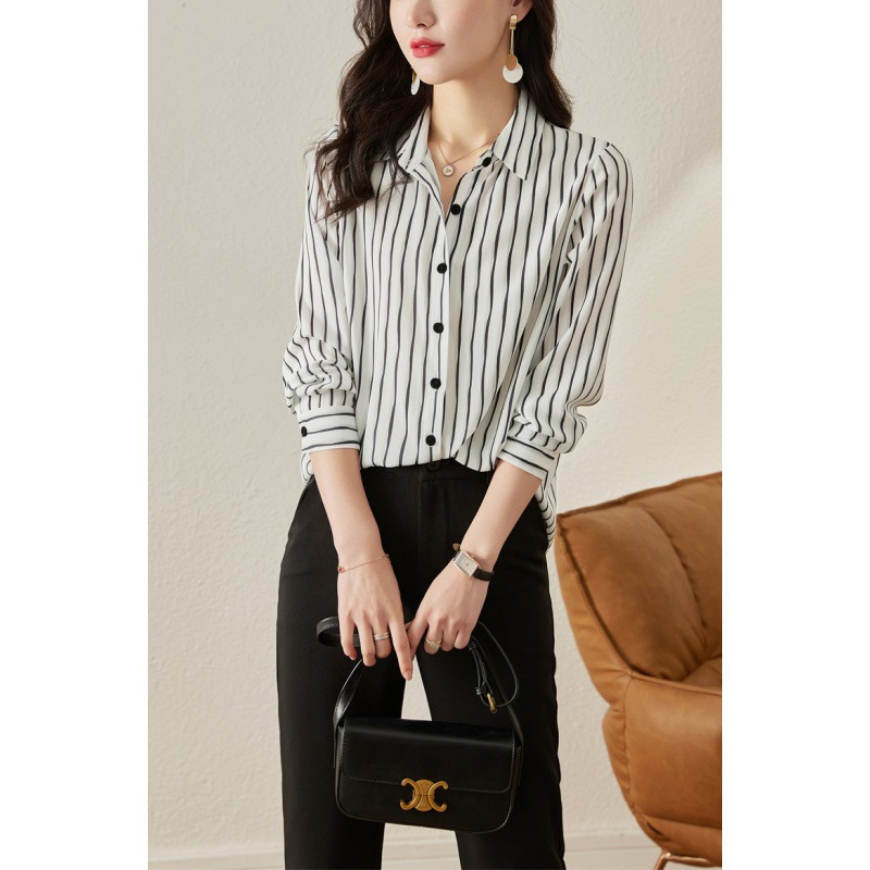 条纹衬衫女长袖季日韩新款洋气衬衣款宽松法式雪纺衫上衣