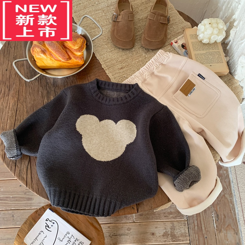 可莉允儿童毛衣2022秋冬季新款男童熊头套头针织衫宝宝韩版舒适圆领上衣