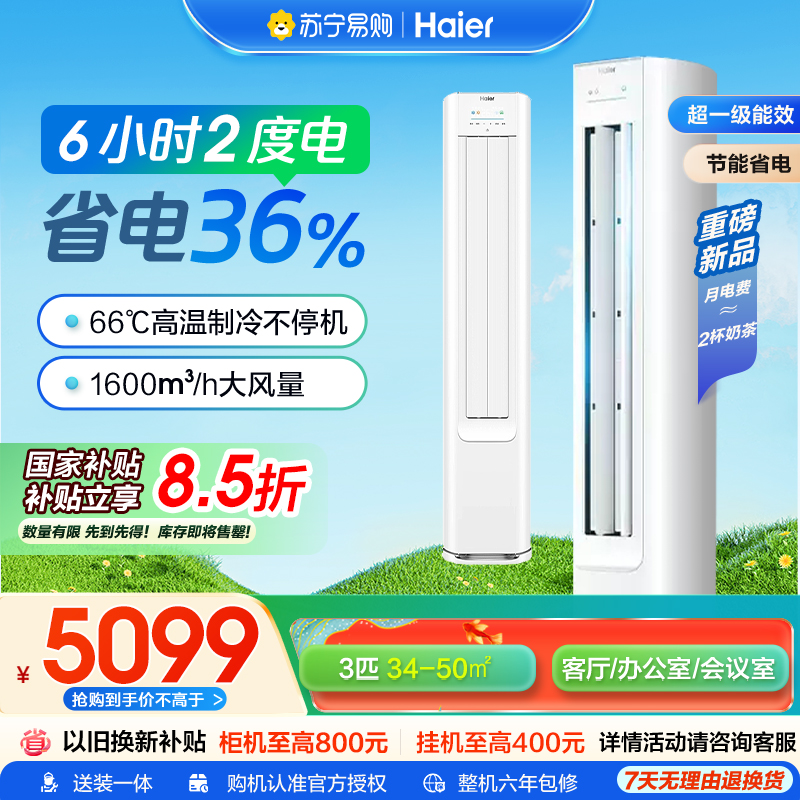 [纯铜管]海尔空调小红花(Haier)3匹 变频新1级能效 强冷强热 家用空调柜机KFR-72LW/E1-1套机高清大图