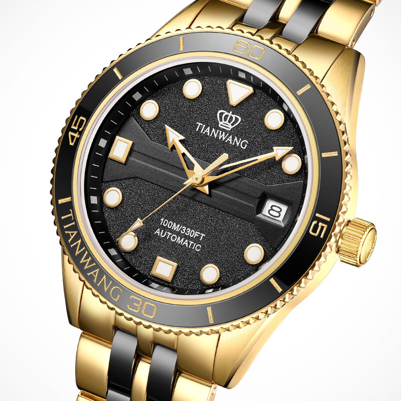 天王表男士机械表闪耀黑金钢带男表夜光显示2023年限定款101163