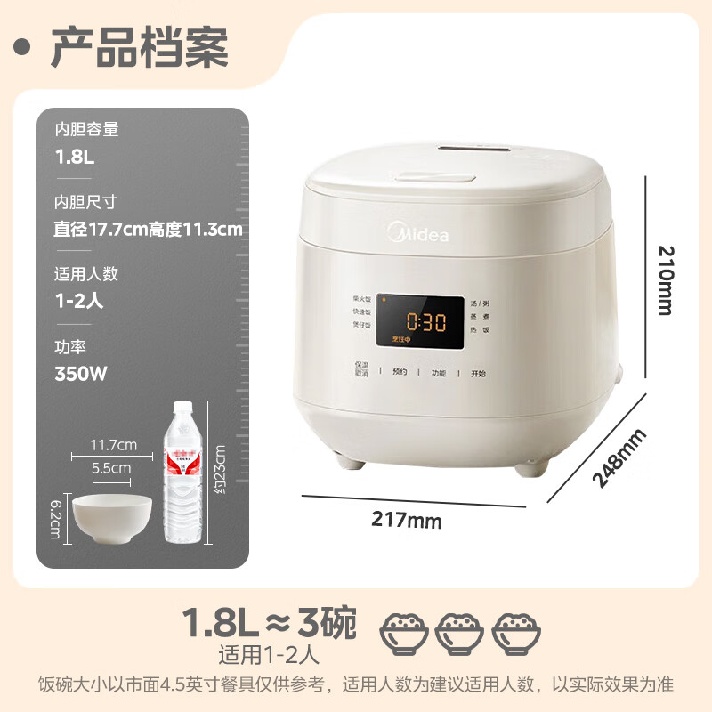 美的智能小容量电饭煲白色铝合金内胆底盘加热圆形设计支持预约功能3人以下使用高清大图