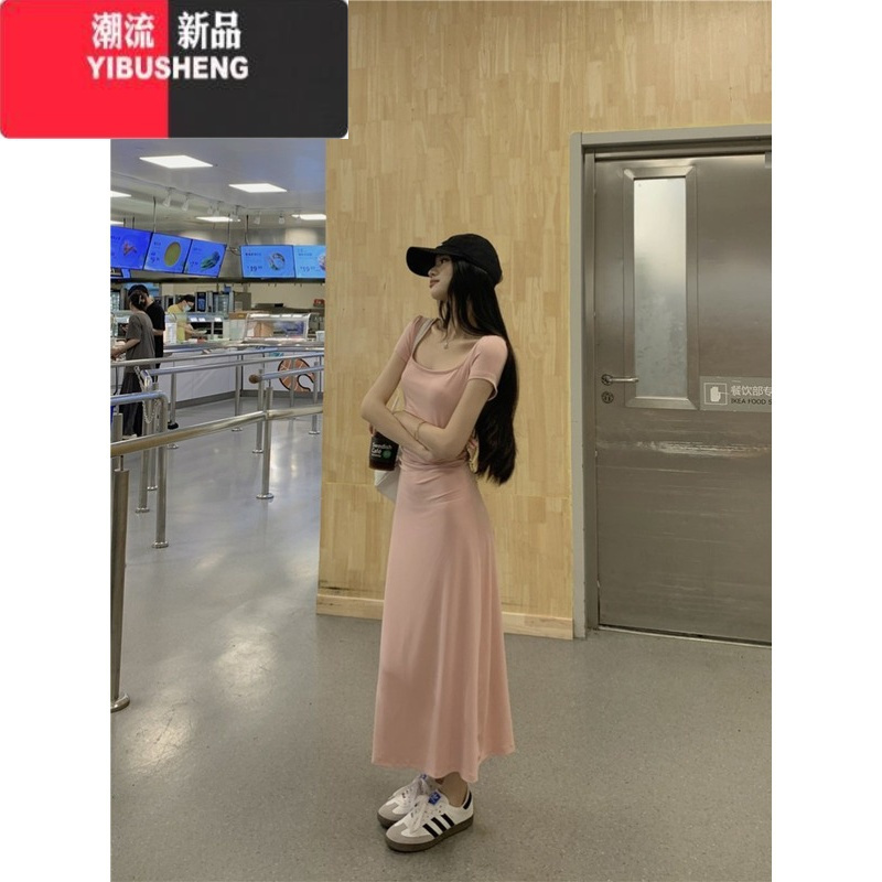 YIBUSHENG季新款女方领短袖连衣裙小个子法式收腰修身包臀裙中长款连衣裙