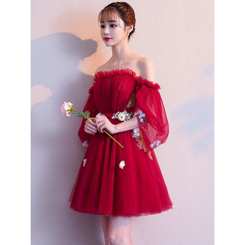 敬酒服新娘2018新款夏季短款一字肩红色结婚礼服连衣裙回孕妇女zrw7款