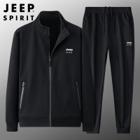 JEEPSPIRIT吉普春秋季男大码休闲套装开衫立领开衫两件套衣服 4XL 7026收口黑色