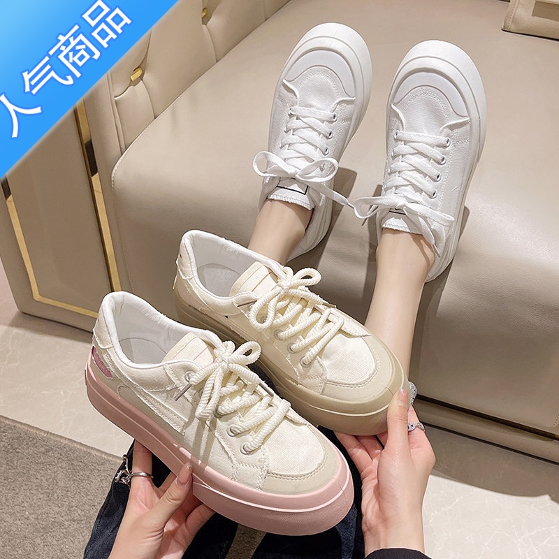 SUNTEK粉色小白鞋女小众设计厚底板鞋2023春夏季新款百搭学生百搭帆布鞋高清大图