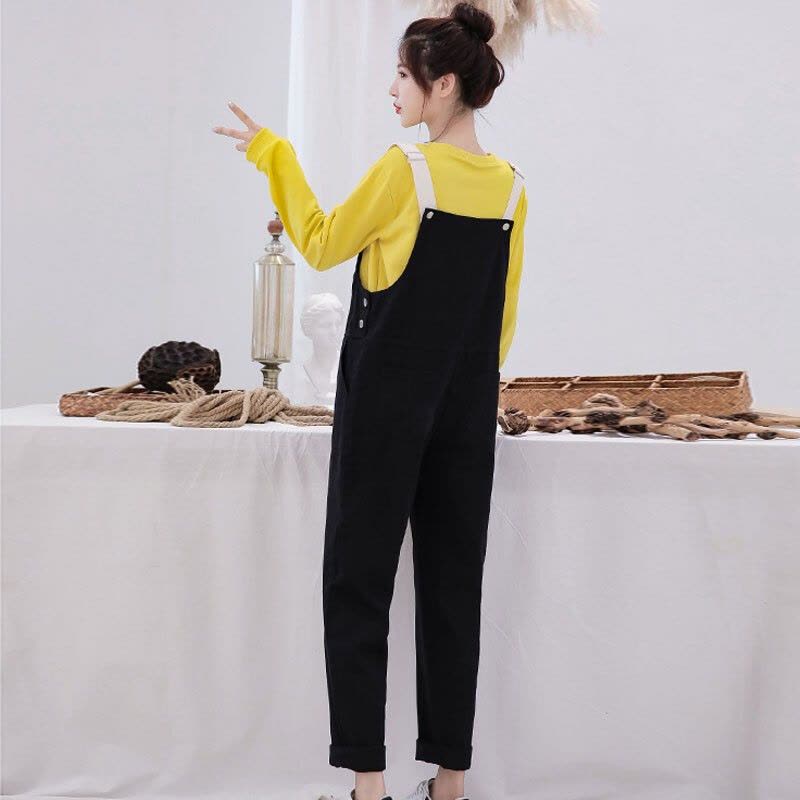 迪鲁奥(DILUAO)孕妇装2021秋冬新款牛仔工装背带裤韩版时尚套装加可爱娃娃头卫衣图片