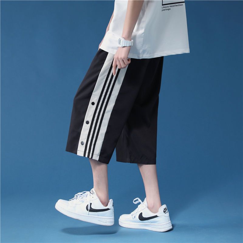 WOOG2005夏季薄款男士休闲裤潮流运动七分裤短裤宽松直筒排扣裤子