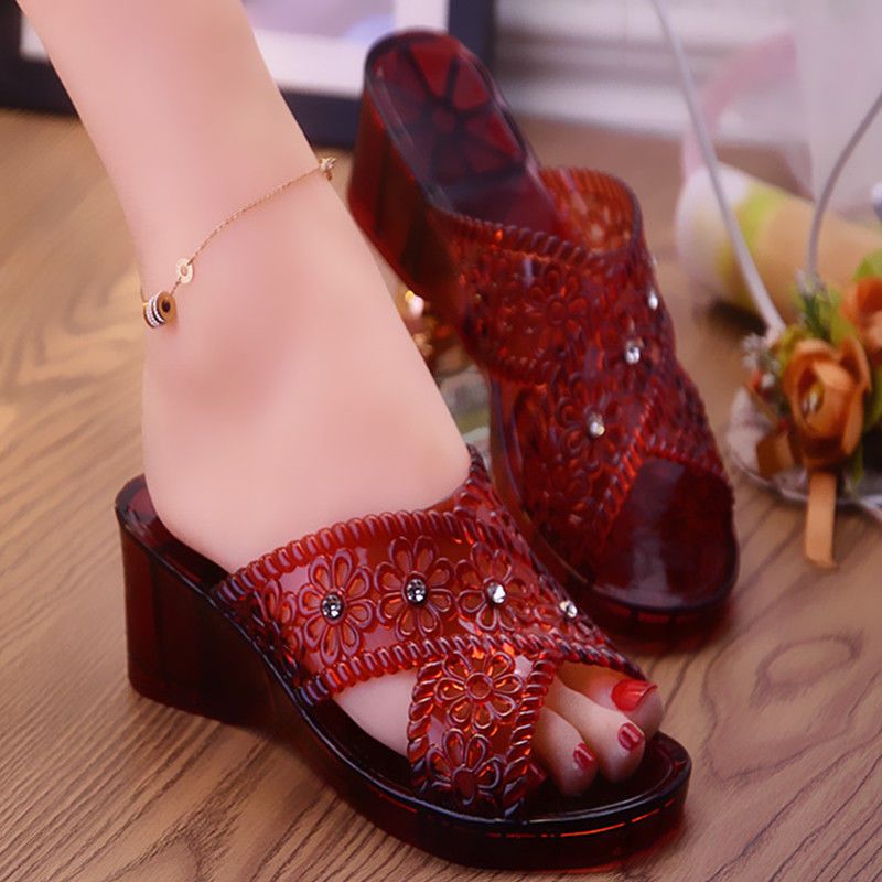 水晶拖鞋女夏坡跟塑料浴室内洗澡防滑防臭中跟妈妈凉拖鞋耐磨外穿555