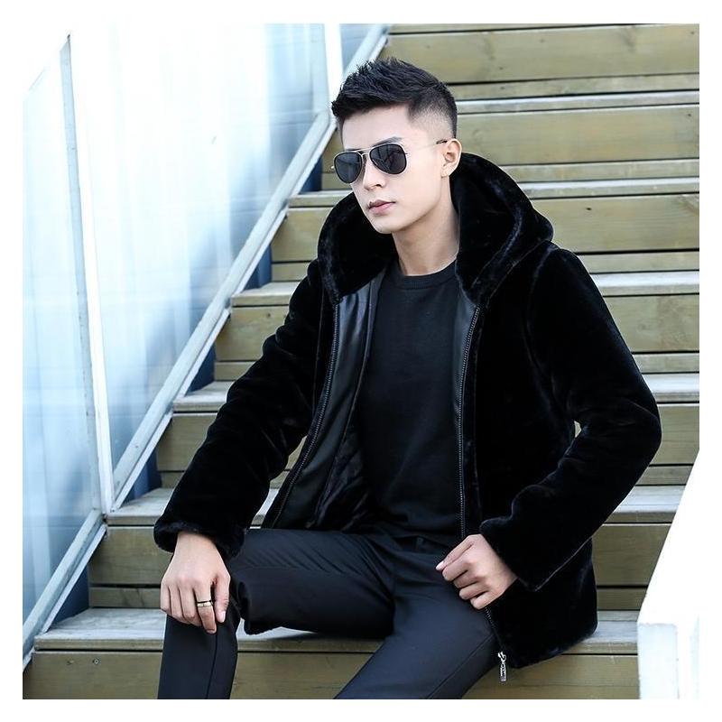 yuansu秋冬新款貂皮大衣男整貂连帽仿貂毛皮草男士短款修身貂绒外套