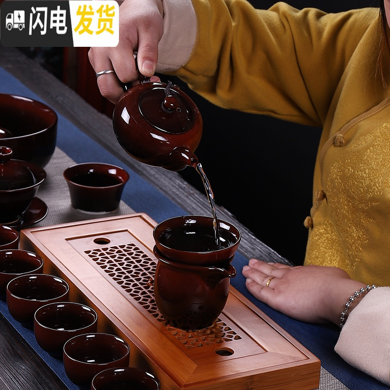 三维工匠窑变茶具套装家用 天目釉建盏陶瓷功夫茶壶哥窑玲珑整套盖碗茶杯 17头窑变茶壶盖碗(墨绿)礼盒