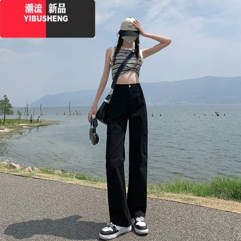 YIBUSHENG美式复古卡其色直筒工装牛仔裤女高街vibe高腰宽松百搭休闲阔腿裤 黑色加长 XS