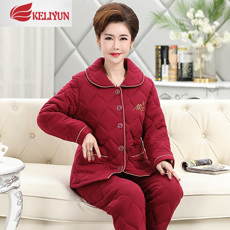 可莉允棉睡衣女冬季加厚三层夹棉棉长袖中老年妈妈保暖棉袄家居服套装