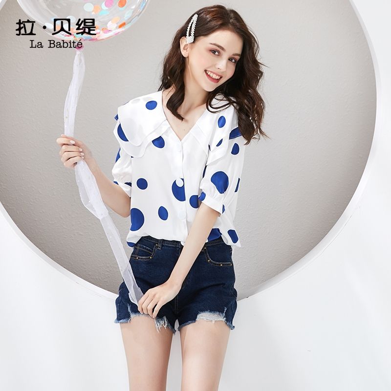 拉夏贝尔拉贝缇波点衬衫女士夏装新款设计感小众洋气短袖上衣