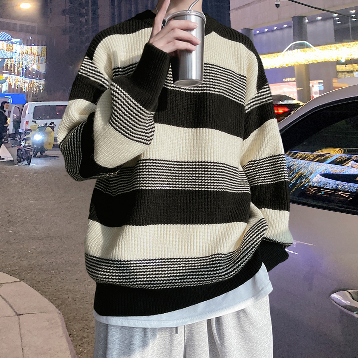 [1折价56.9元叠加优惠券]唐狮男士毛衣款图案条纹毛线衫毛衣男春季春季毛衣高清大图