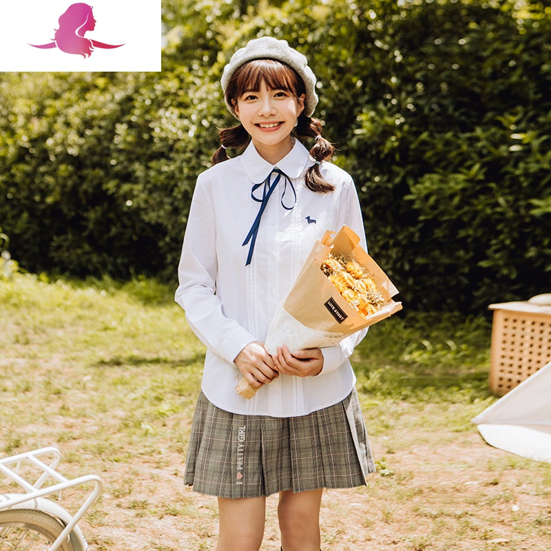 艳如飞学院风白衬衫少女大童jk韩版长袖棉蝴蝶结领结初中学生春装衬衣衬衫