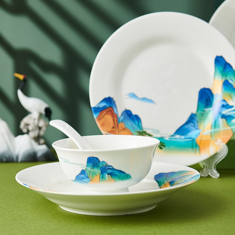 唯都 碗碟套装家用陶瓷餐具整套碗盘套餐 国风千里江山餐具32头 W-CJ3321高清大图