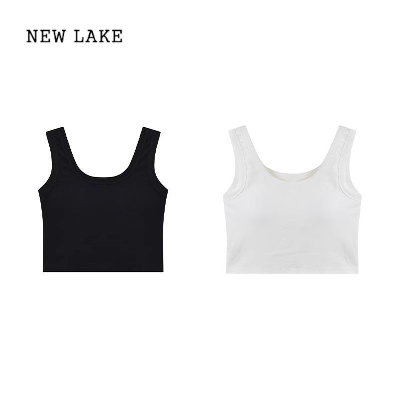 new lake纯棉白色吊带背心女内搭遮副乳美背打底短款带胸垫法式上衣外