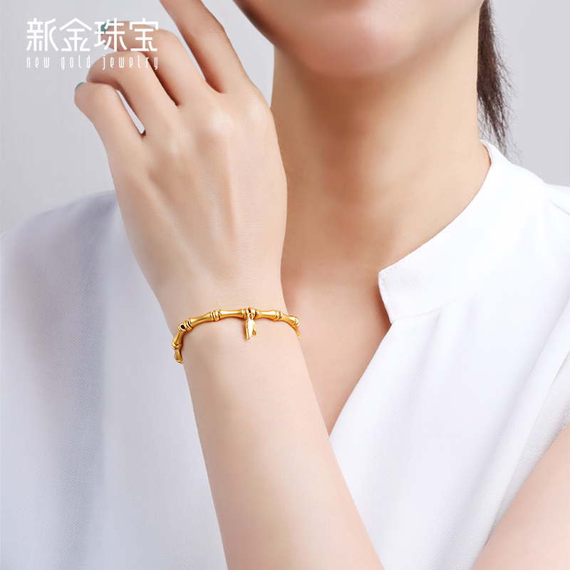 新金珠宝 黄金竹叶手链足金999古法首饰3D硬金竹节手串送女友礼物1042