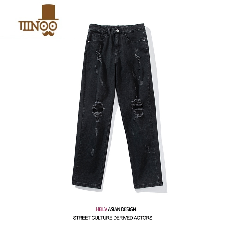 YANXU街头复古水洗破洞牛仔裤男款夏季新款百搭美式直筒裤百搭长裤高清大图