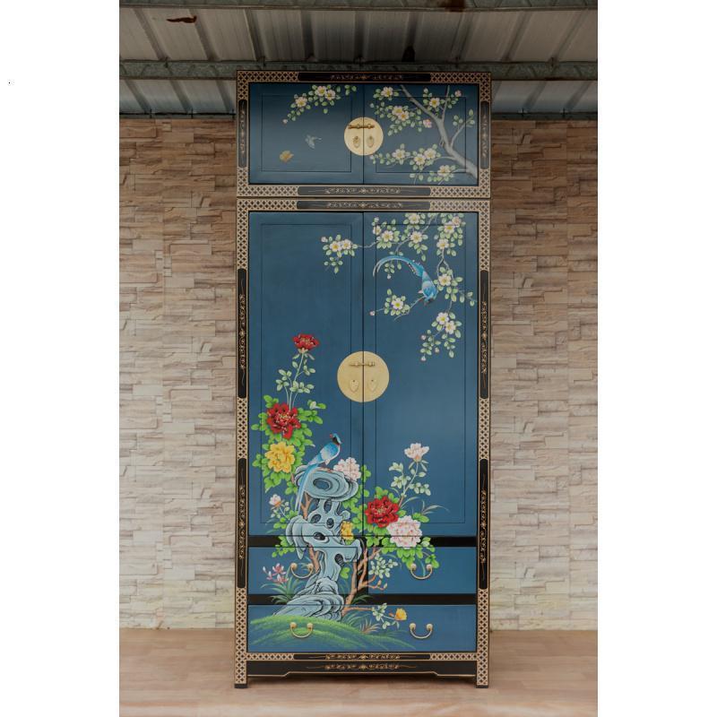 森美人新中式彩绘香樟木实木衣柜仿古衣柜古典彩绘定制卧室双衣柜 蓝色：长100宽55高2502门整装